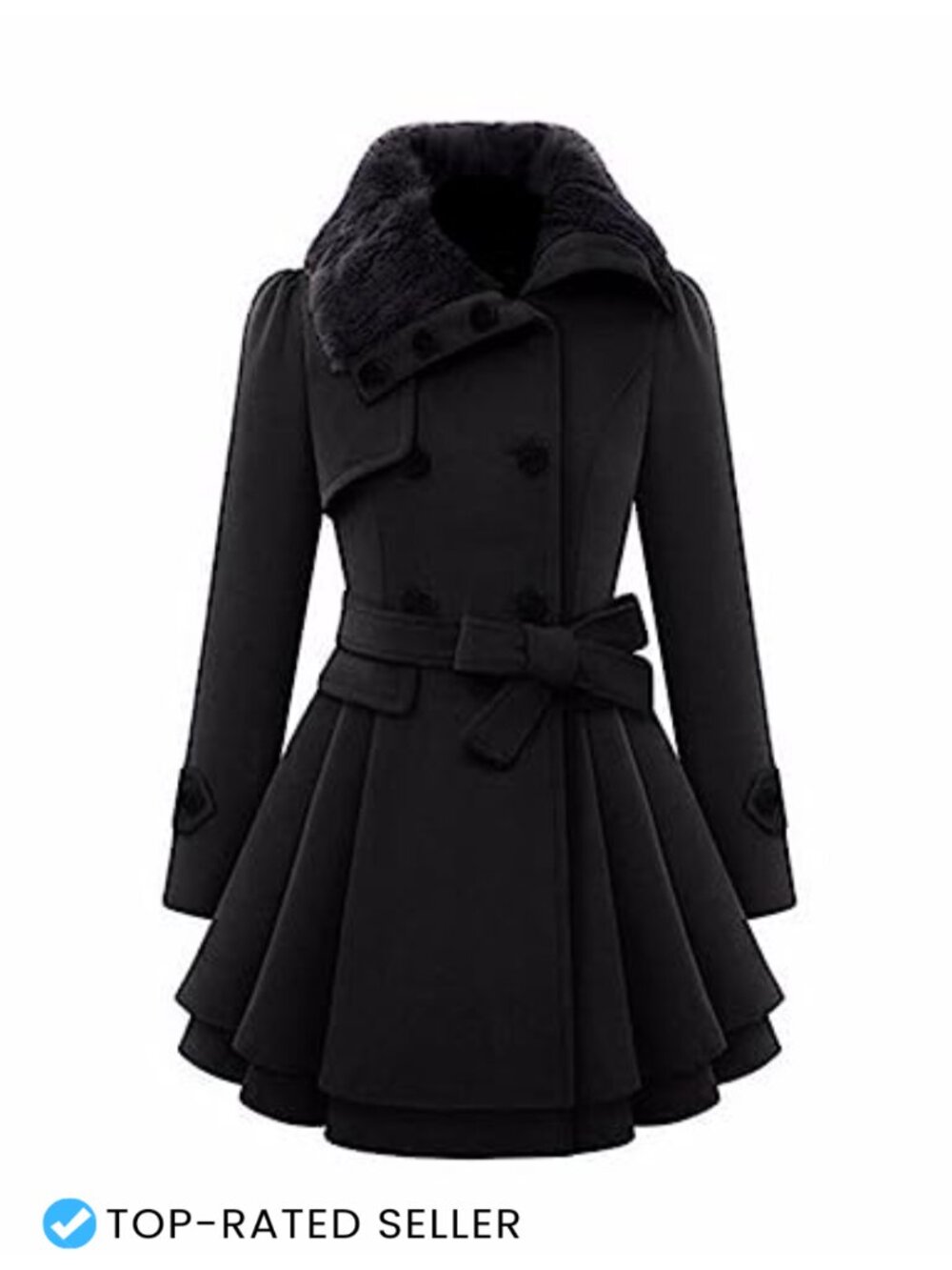Wool Blend Faux Fur Lapel Double Breasted Trench Coat Pea Coat